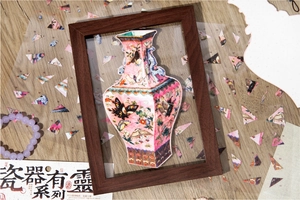 Detailed PET sticker of a pink butterfly flower porcelain vase for DIY craft scrapbooking