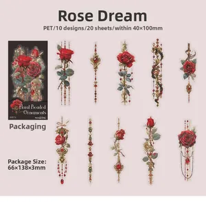 Macro detail of vintage red rose PET stickers with gold patterns and pearl bead designs