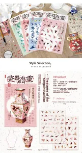 Detail view of PET vintage porcelain puzzle stickers with packaging and card specifications