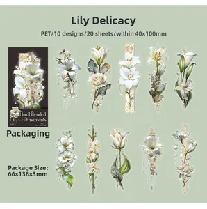 Macro detail of lily flower PET stickers with elegant pearl and gold chain accents