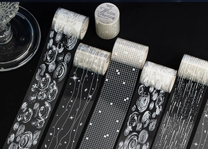 Detail showing white minimalist grid and spiral patterns on Dream Edge deco tape