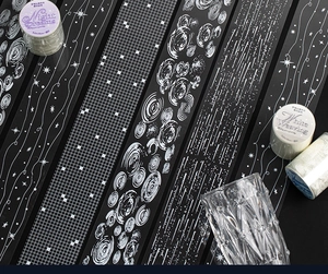 Macro detail of PET decorative tape with black and white minimalist geometric patterns