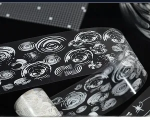 Macro detail of white ink spiral patterns on semi-transparent decorative DIY PET tape