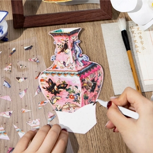 DIY Chinese style PET vase sticker set with butterfly patterns and tweezers