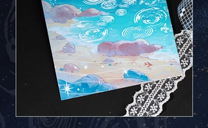 Detailed close-up of watercolor beach sticker featuring blue ocean and pink reefs