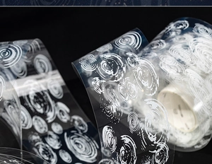 Detailed macro of PET decorative tape featuring white spiral swirls on black background