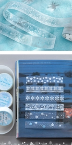 Detail of glitter snowflake washi tape with blue textures for winter scrapbooking