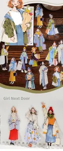 Vue détaillée de 20 autocollants mignons en PET pour carnet avec des motifs de filles d'art