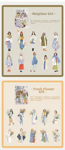 Détail des autocollants en PET avec illustrations de filles et fleurs pour le scrapbooking