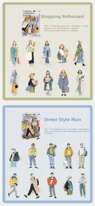 Vue détaillée des autocollants PET imperméables avec personnages de mode et dimensions