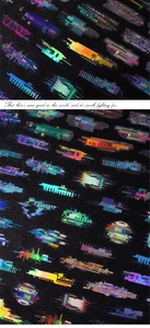 Detailed view of cyberpunk glitch art stickers with vibrant digital distortion patterns