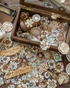 Close-up of 50 vintage floral paper stickers for DIY scrapbooking and artistic crafts