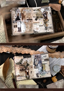Vintage scrapbooking paper with retro illustrations and aesthetic collage art detail