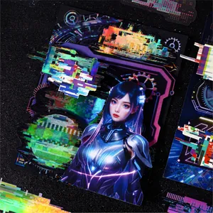 Cyberpunk anime girl stickers with glitch art designs on black textured background