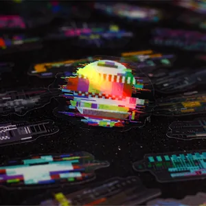 Cyberpunk glitch art laser stickers with holographic effects for journal decoration