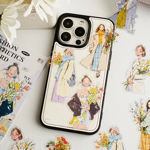 Aesthetic women fashion illustrations on leather phone case with 20-piece matching PET stickers
