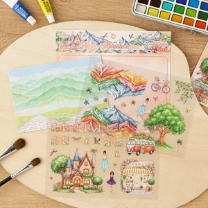 Floral Courtyard sticker set with misty mountains for journaling on a wooden tray