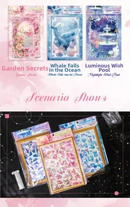 Close-up of laser finish decorative stickers with floral, whale and fountain themes