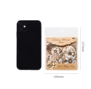 Size comparison of floral scrapbooking stickers with a phone measuring 100x127mm