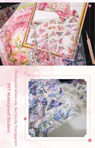 Detail of DIY floral PET stickers with laser holographic effect and waterproof white ink