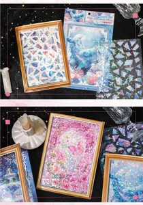 Macro view of holographic laser PET stickers with sea life and crystal patterns