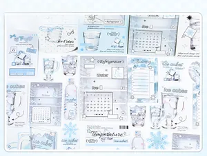 Detailed view of 22-piece ice cube themed aesthetic scrapbook stickers in cool blue tones