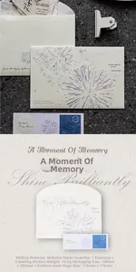 Macro detail of fireworks theme envelope with silver foil stamping and matching stickers