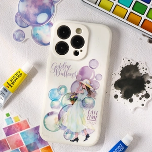 Witte iPhone hoesje met artistieke meisjes illustratie en bloemen op structuur