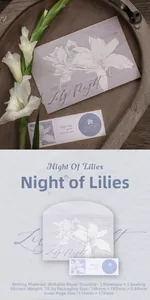 Detail of elegant purple stationery envelope with white lily pattern and sealing stickers
