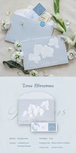 Macro view of light blue silver-stamped envelope with floral patterns and wax seal stickers