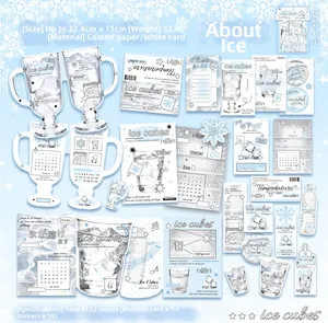 Flat lay of 22pcs ice cube stationery set with stickers and material cards for scrapbooking