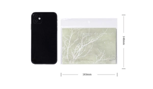 Detailed view of silver stamped envelope showing 148mm x 183mm dimensions and texture