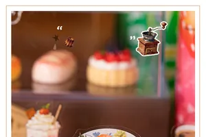 Détail de stickers PET avec thèmes gourmands comme gâteaux et moulins à café