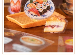 Vue détaillée de stickers alimentaires en acrylique avec motifs sushi et gâteaux