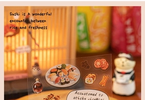 Vue détaillée d'autocollants PET de sushi japonais pour décoration de journal DIY