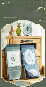 Fairy tale themed sticky notes with vintage Pinocchio and rabbit illustrations on wood