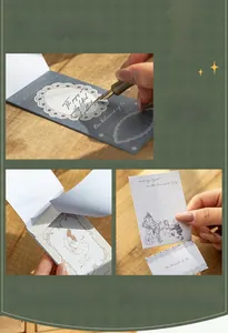 Detail of fairy tale notepad showing tearable dotted lines and vintage paper texture