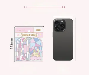 Size comparison of translucent stained glass PET stickers showing 100mm x 112mm package