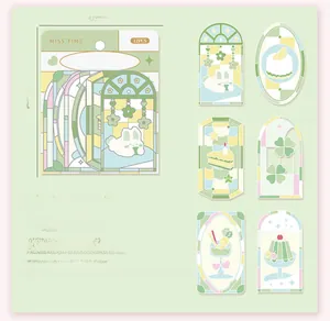 Detail showing stained glass style PET stickers with mint green rabbit and floral motifs