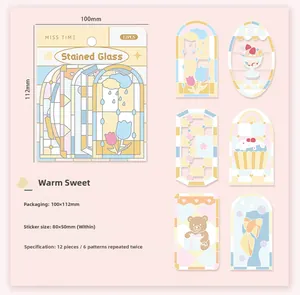 Close-up of PET stained glass stickers featuring rainbow bear and floral art patterns