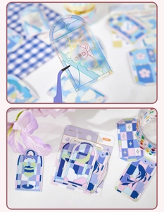 Detailed macro view of laser PET stained glass stickers showing holographic rainbow finish
