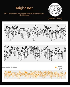 Détail du ruban PET gothique avec chauves-souris et lanternes, effet shell light