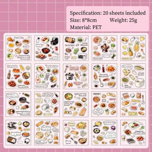 Gourmet food theme PET stickers pack with 20 pieces of waterproof food illustrations