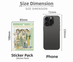 Size comparison of 85x100mm sticker pack next to a smartphone for scale reference