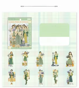 Detailed illustrations of floral-themed character stickers in soft lime green tones