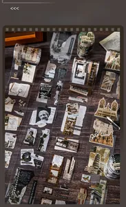 Detailliertes Retro-PET-Klebeband mit Vintage-Architektur und klassischen Kunstporträts
