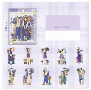 Lilac themed Japanese character stickers for journaling, 20 pieces with 10 floral designs