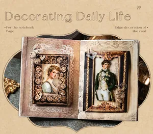 Detail showing vintage baroque stickers and washi tape applied on a scrapbook layout