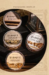 Detailed view of Baroque Finale vintage border tapes in an elegant wooden tray