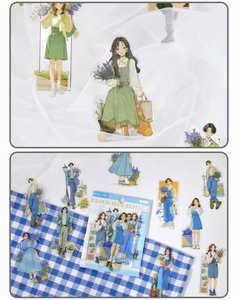 Macro detail of aesthetic Japanese style anime girl stickers in floral stationery set